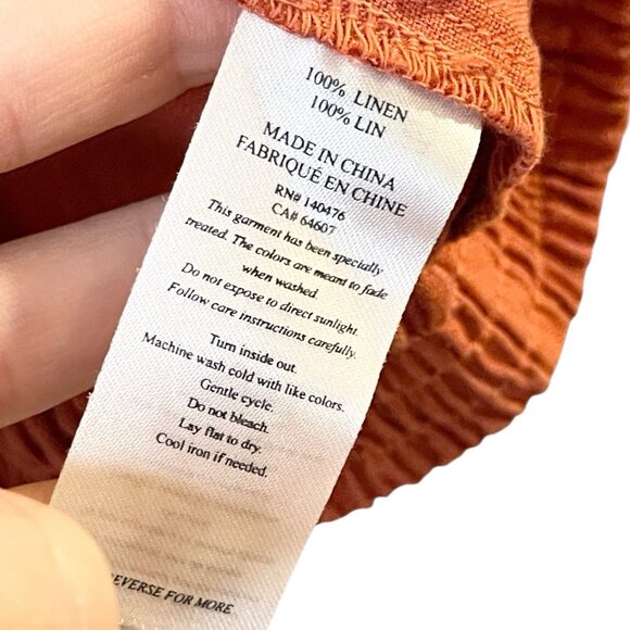 Faherty Linen Shirt Top Short Sleeve Cropped Puff Peasant Orange Elastic Hem S - Picture 5 of 6